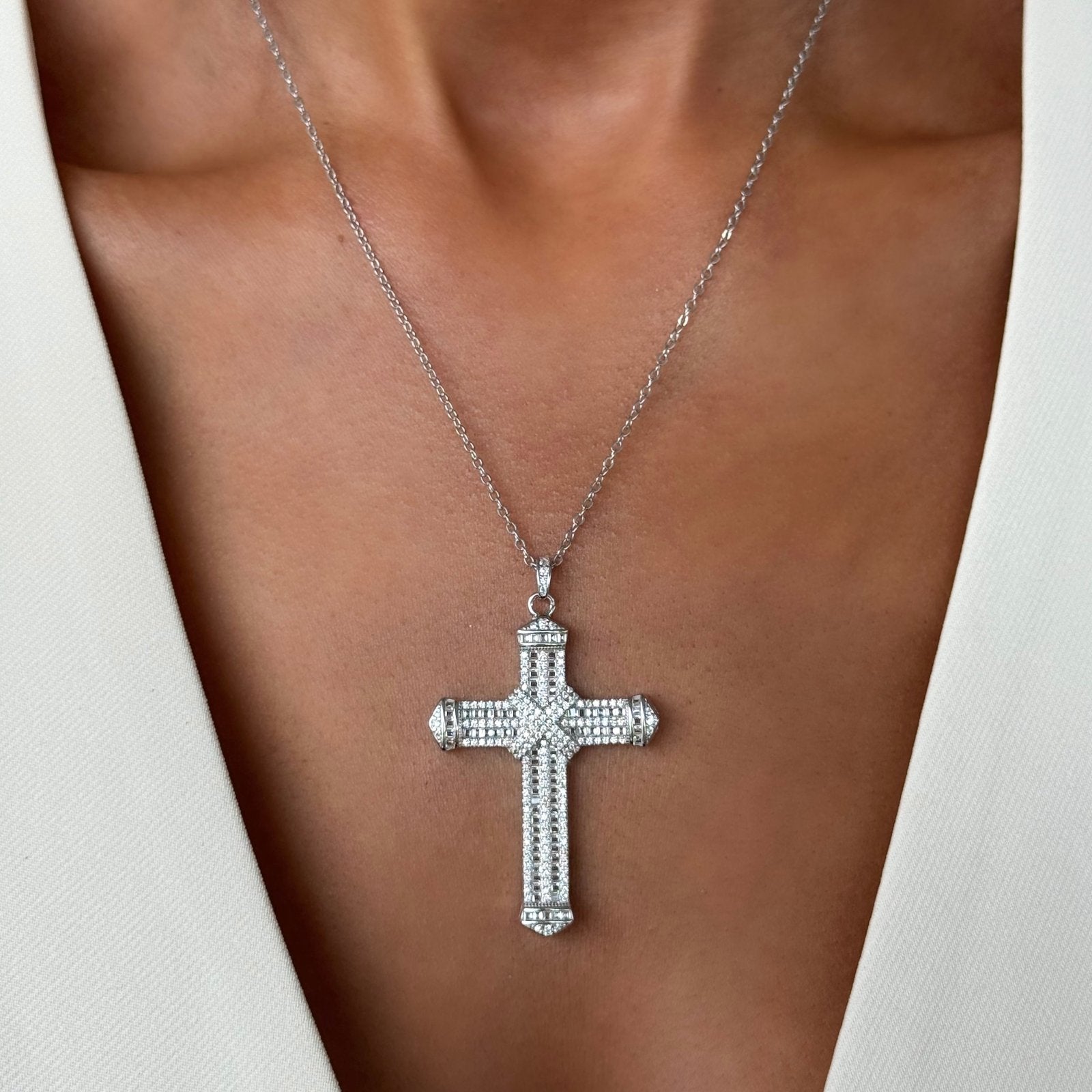 Sterling Silver Structured Large Cross Necklace - Luxe Emporium x