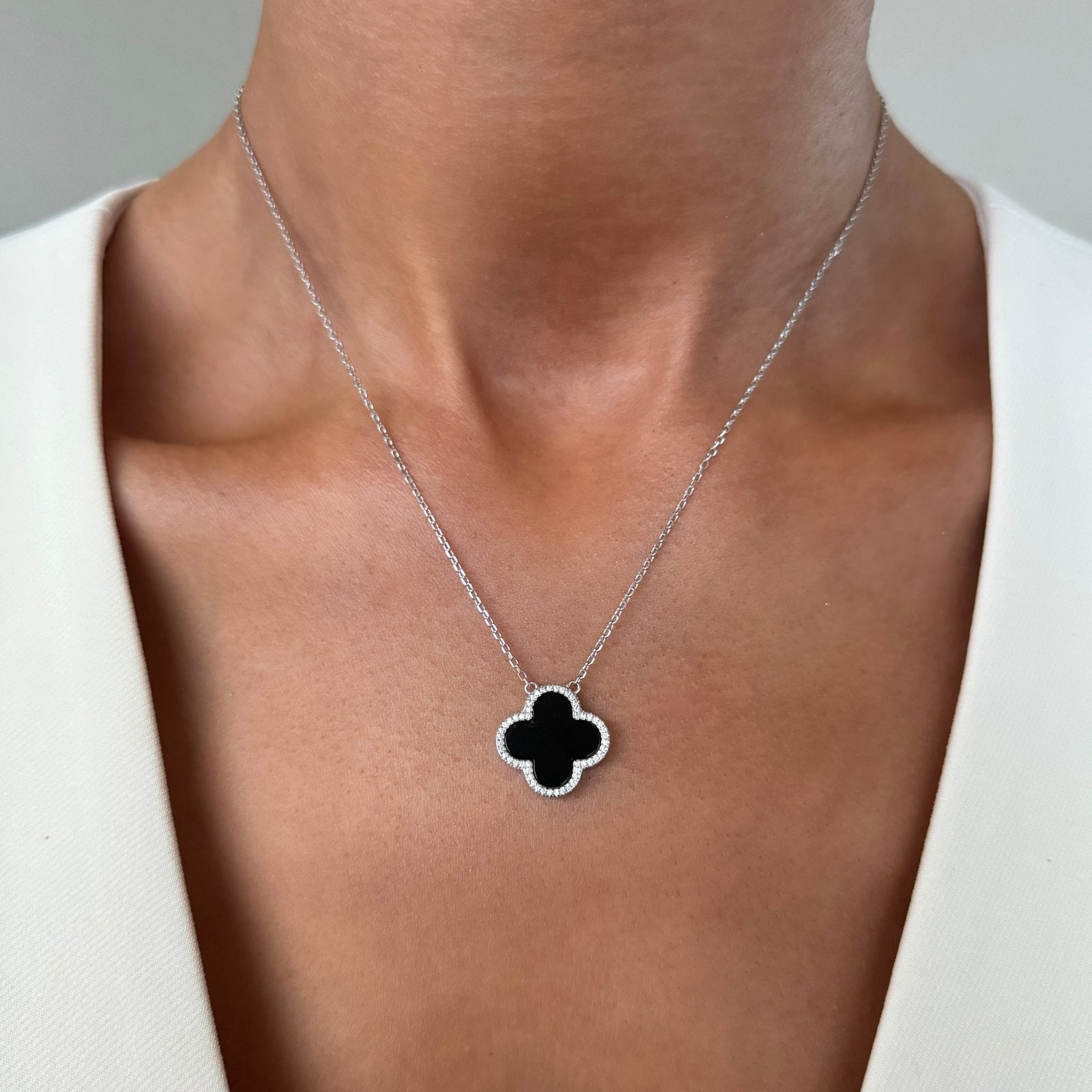 Sterling Silver Aura Black Onyx Clover Necklace - Luxe Emporium x