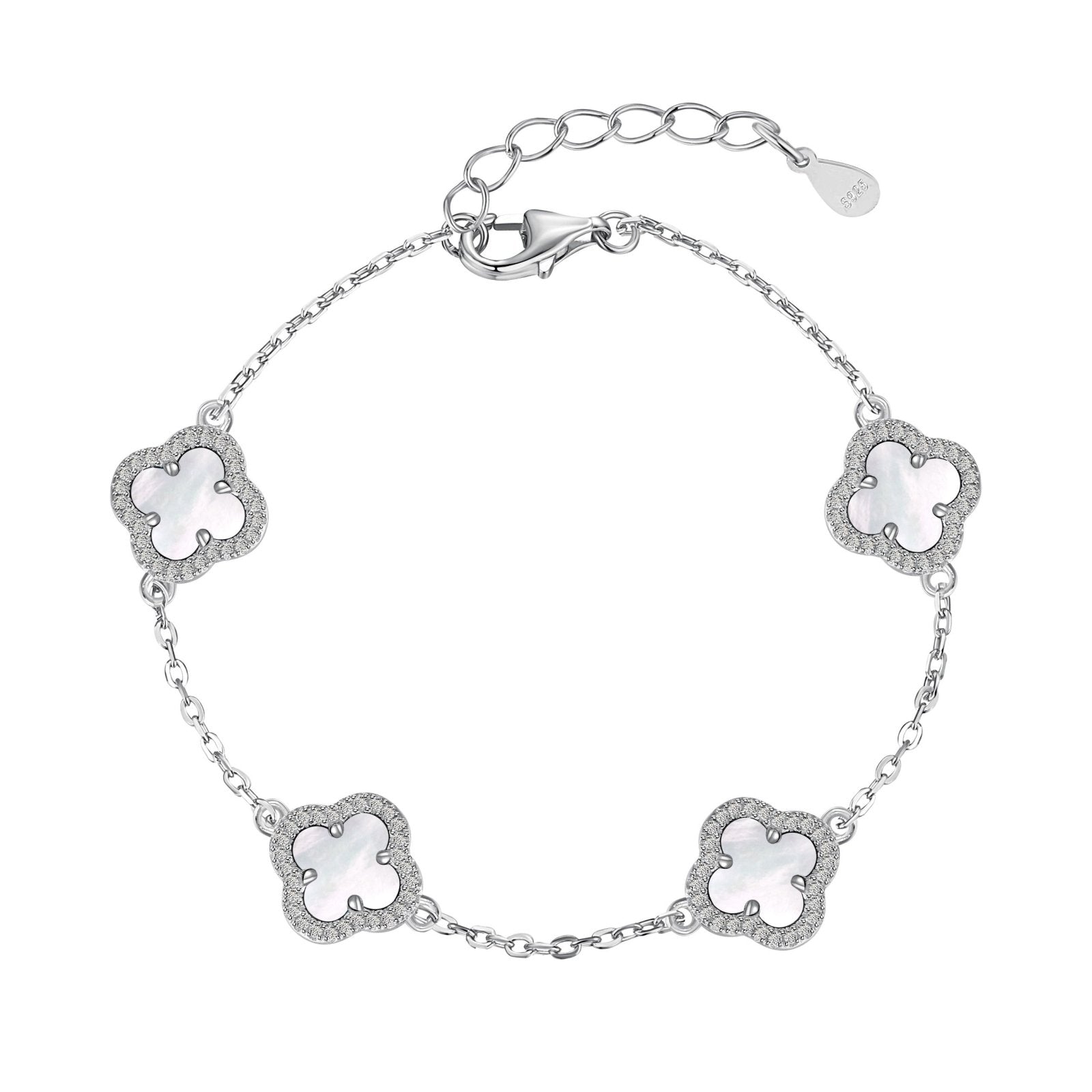 Sterling Silver Mini White Shell Iced Clover Bracelet - Luxe Emporium x